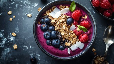 Blueberry smoothie bowl with granola, raspberries and coconut flakesの写真素材