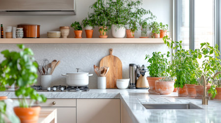 Modern kitchen interior with wooden utensils and green plants in potsの写真素材