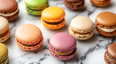 Colorful macaroons on a marble background. Selective focus.