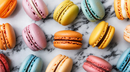 Colorful macaroons on white marble background. Top view.の写真素材