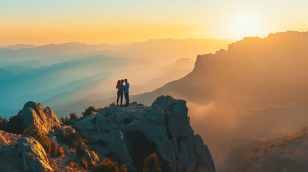 Couple standing on top of the mountain and watching the sunrise.の写真素材