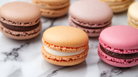 Colorful macaroons on white marble background. Close up.の写真素材