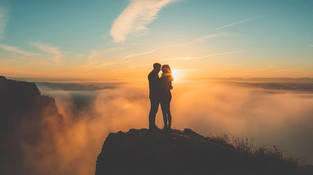 Couple in love kissing on top of the mountain at sunrise.