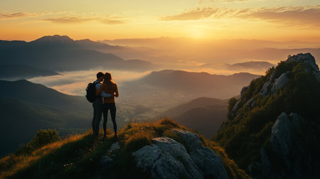 Couple with backpacks standing on top of a mountain and looking at the sunrise