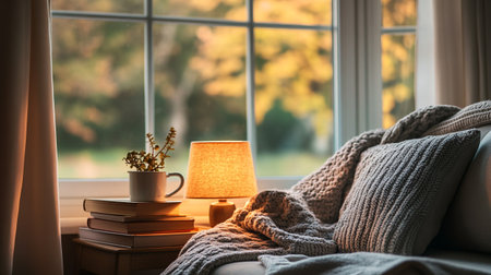 Cozy living room interior with books, lamp and plaid on sofaの写真素材