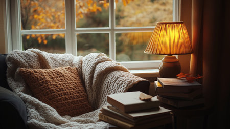 Cozy home interior with book, lamp and plaid on window sillの写真素材