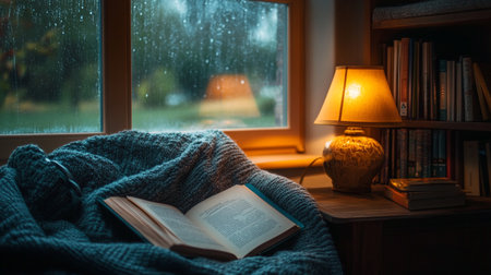 Cozy home interior. Book, lamp and blanket on the windowsill.の写真素材