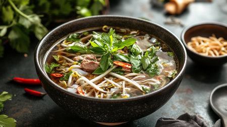 Bowl of tasty Vietnamese soup with noodles, meat and vegetables on table