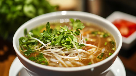 Rice noodle soup in a bowl on wooden table background.