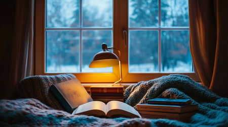 Cozy home interior with book, lamp and blanket on the windowsillの写真素材