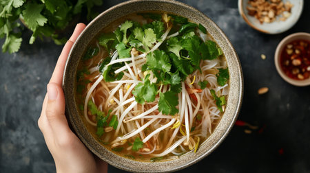 Woman holding bowl with tasty asian soup on table, closeupの写真素材