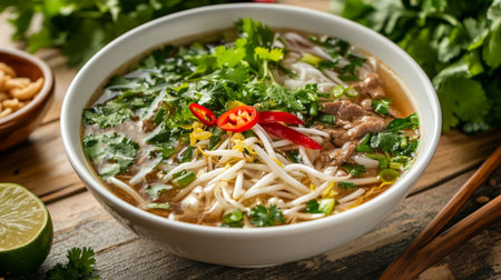 Vietnamese noodle soup with beef in bowl on wooden table