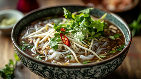 Noodles soup in a bowl with coriander on wooden background