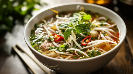 Vietnamese noodle soup with pork and vegetables in a bowl