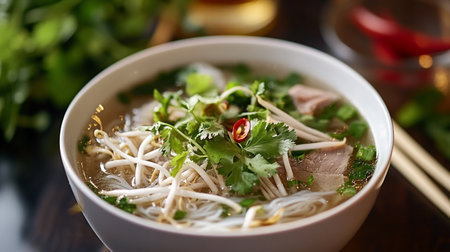 Vietnamese pho soup with pork, rice noodles and cilantro