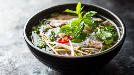 Vietnamese soup pho with beef, rice noodles and herbs