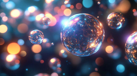 Abstract 3d rendering of chaotic particles. Bokeh lights background.