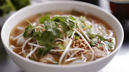 Vietnamese noodle soup with pork in bowl, closeup