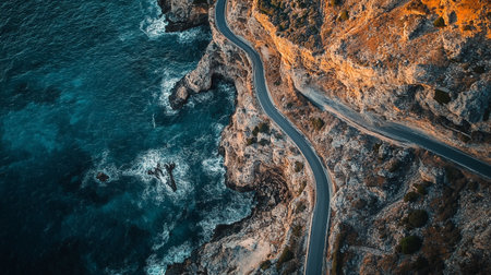 Aerial view of a winding road in the mountains. Drone photography.の写真素材