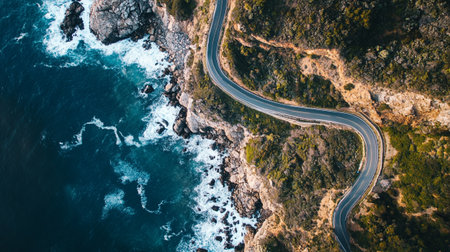 Aerial view of a winding road by the oceanの写真素材