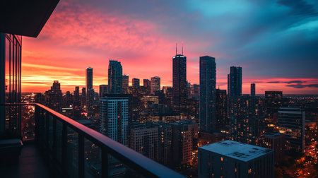 View of Chicago downtown skyline at sunset from observation deck, Illinois, USAの写真素材