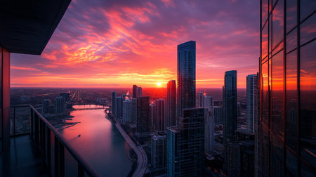 Aerial view of a cityscape at sunset.の写真素材