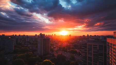 Sunset over the city of Kiev, Ukraine. Panoramic view.の写真素材