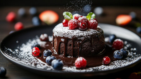 Chocolate cake with fresh berries and icing sugar on wooden table, closeupの写真素材