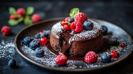 Chocolate cake with fresh berries on dark background, selective focus.の写真素材