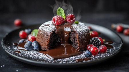 Chocolate fondant with fresh berries and chocolate sauce on black backgroundの写真素材