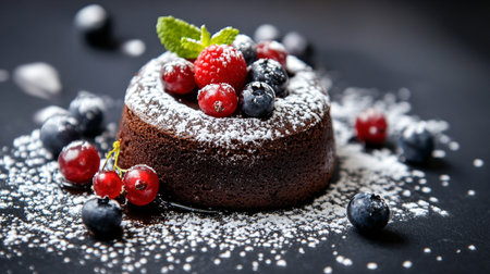 Chocolate cake with fresh berries on a black background. Selective focus.の写真素材