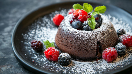 Chocolate lava cake with fresh berries and powdered sugar on dark backgroundの写真素材