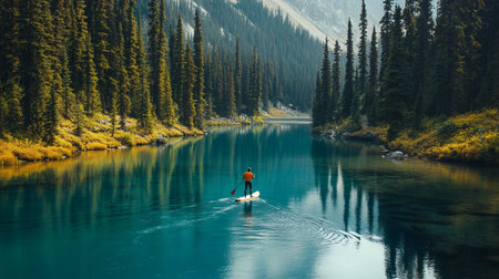 Man paddling on a stand up paddle board on turquoise lakeの写真素材