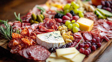 Antipasto plate with salami, cheese, olives and grapesの写真素材