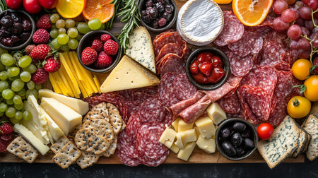 Antipasto board with ham, salami, cheese, olives, grapes and crackersの写真素材