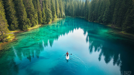 Aerial view of a man paddling a kayak on the turquoise lake
