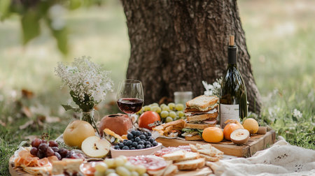 Picnic in the park with wine, bread, grapes, cheese and fruits