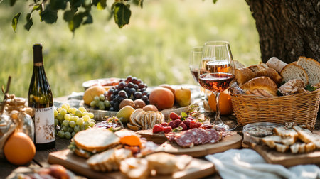 Wine and snacks on a picnic in the summer. Outdoor.の写真素材