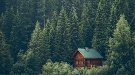 Wooden house on the background of the coniferous forest.の写真素材