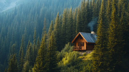 Wooden house in the mountains. Mountain landscape with a log cabin.の写真素材
