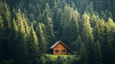 Wooden house in the middle of a coniferous forest.の写真素材