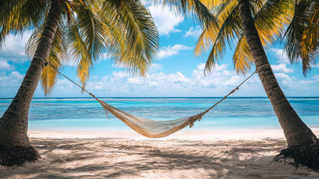 Hammock on tropical beach with palm tree - vintage filter effectの写真素材