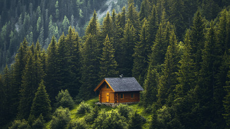 Wooden house in the coniferous forest in the mountains.の写真素材