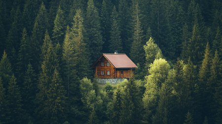 Wooden house in the forest. Mountain house in the mountains.の写真素材