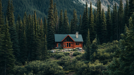 Mountain cabin in the middle of the forest, Jasper National Park, Canadaの写真素材