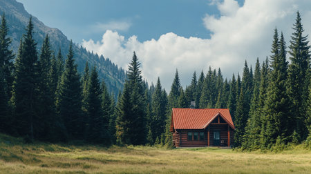 Wooden house in the mountains with coniferous forest in the backgroundの写真素材
