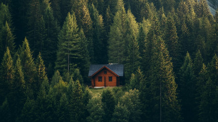 Wooden house in the middle of the coniferous forest.の写真素材