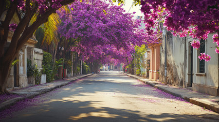 Street with blooming bougainvillea flowers in Guayaquil, Ecuadorの写真素材