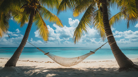 Hammock on tropical beach with coconut palm treesの写真素材