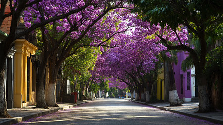 Beautiful street in Ho Chi Minh city with blooming treeの写真素材